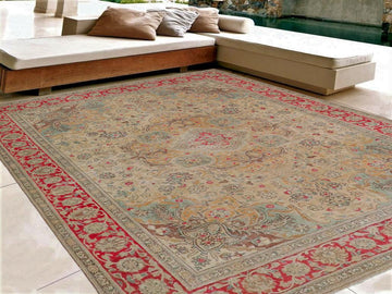 handmade Vintage Beige Pink Hand Knotted RECTANGLE 100% WOOL area rug 9x11